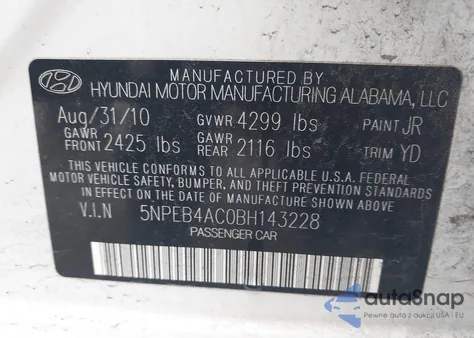 2011 Hyundai Sonata Gls z USA, uszkodzony, nr VIN 5NPEB4AC0BH143228